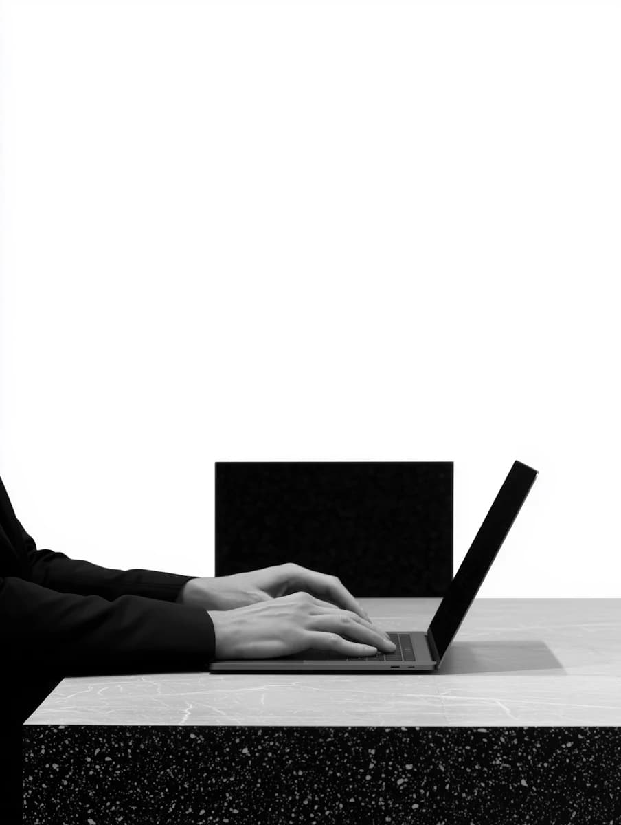 Hands typing on a laptop at a marble desk in a minimalist monochrome scene